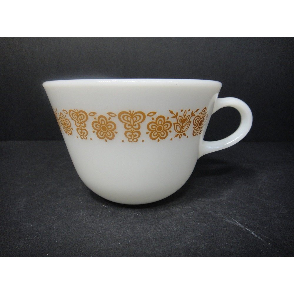 Pyrex Butterfly Gold Milk Glass Teacup Vintage 1970 White Gold Floral Coffee Cup